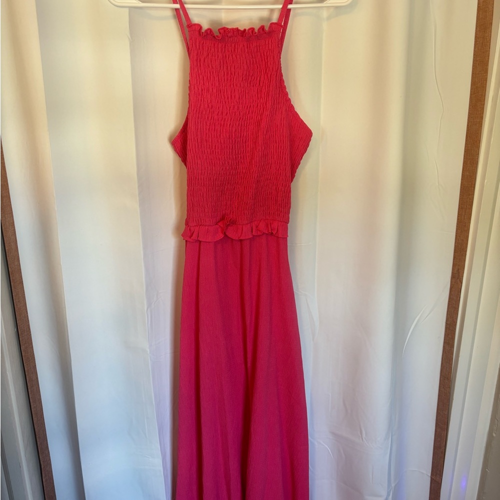 Pink Smocked Sleeveless Midi Dress